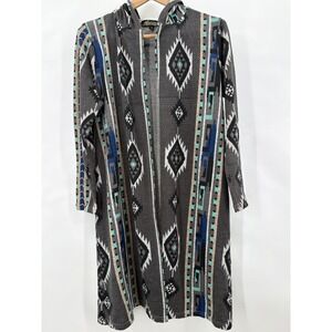 Absolutely Famous Womens‎ M Southwestern Hooded Cardigan Duster Grey Blue Aztec